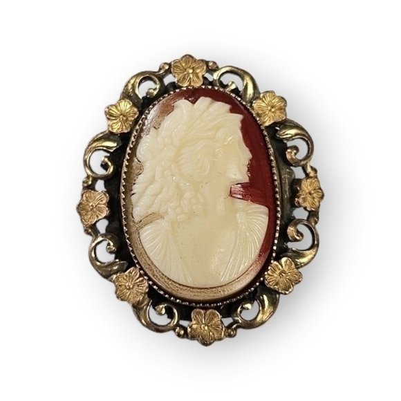 VINTAGE Cameo Brooch Pendant Ornate Flower Grecian Lady Resin Gold Plated Floral - Picture 5 of 11
